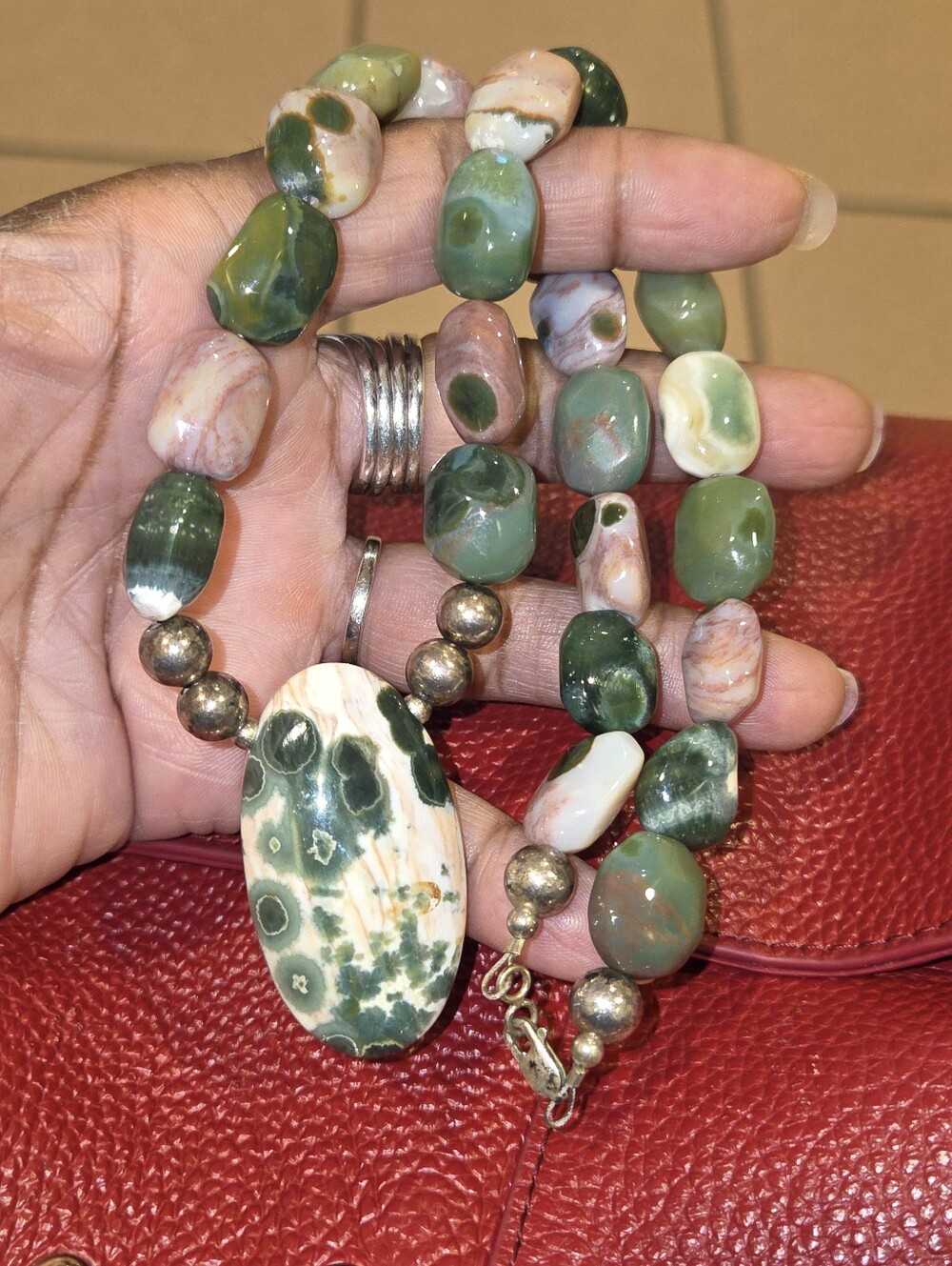 Handcrafted Green and Pink Jasper Beaded Statement Necklace With Silver Balls